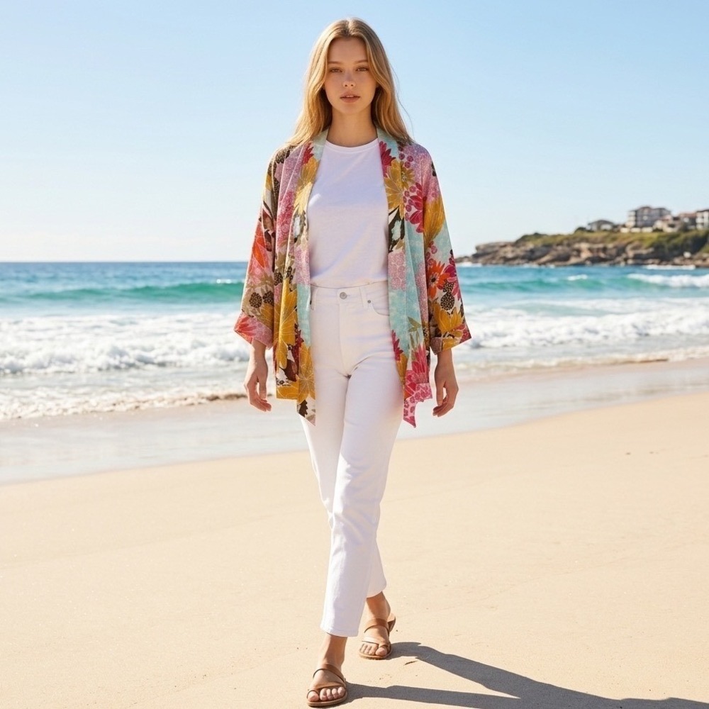 American Rag Colorful Floral Kimono Cardigan  Open Front S/M Boho Layering Beach